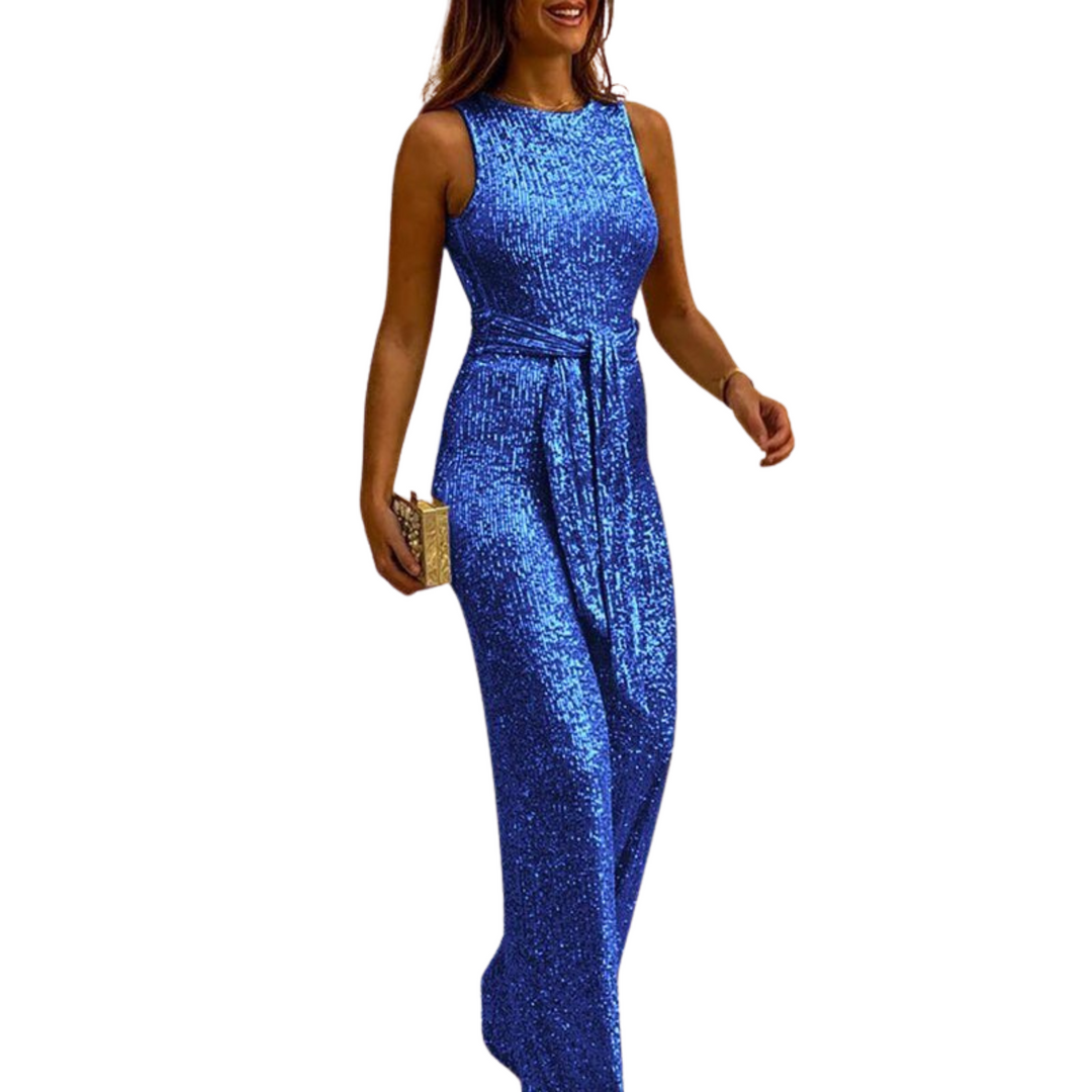 Women's Backless Glitter Jumpsuit with Waistband-The Yellow Prime