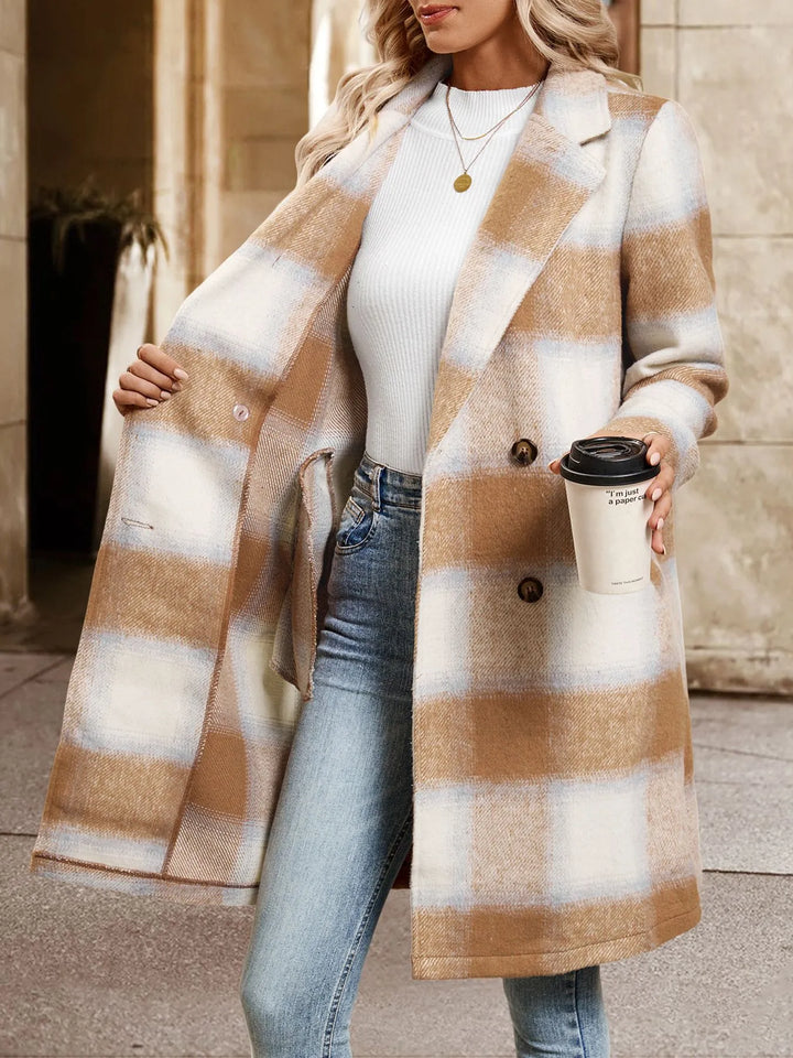 Manteau d'hiver long à carreaux pour femme, fermeture boutonnée et poches