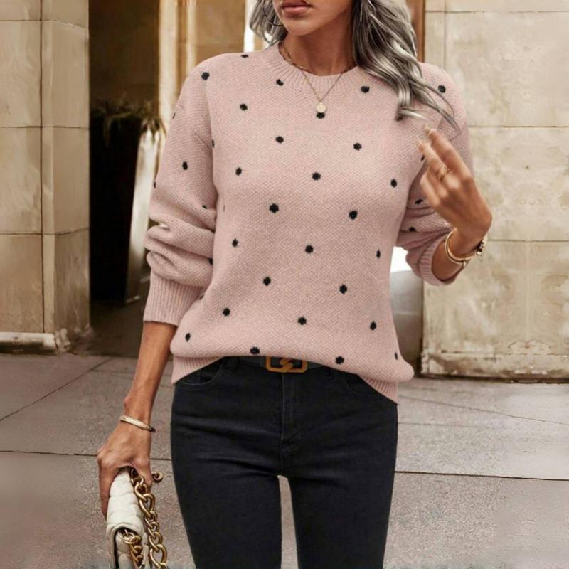 Women's Knitted Sweater with Round Neck, Polka Dot Pattern, Loose Fit