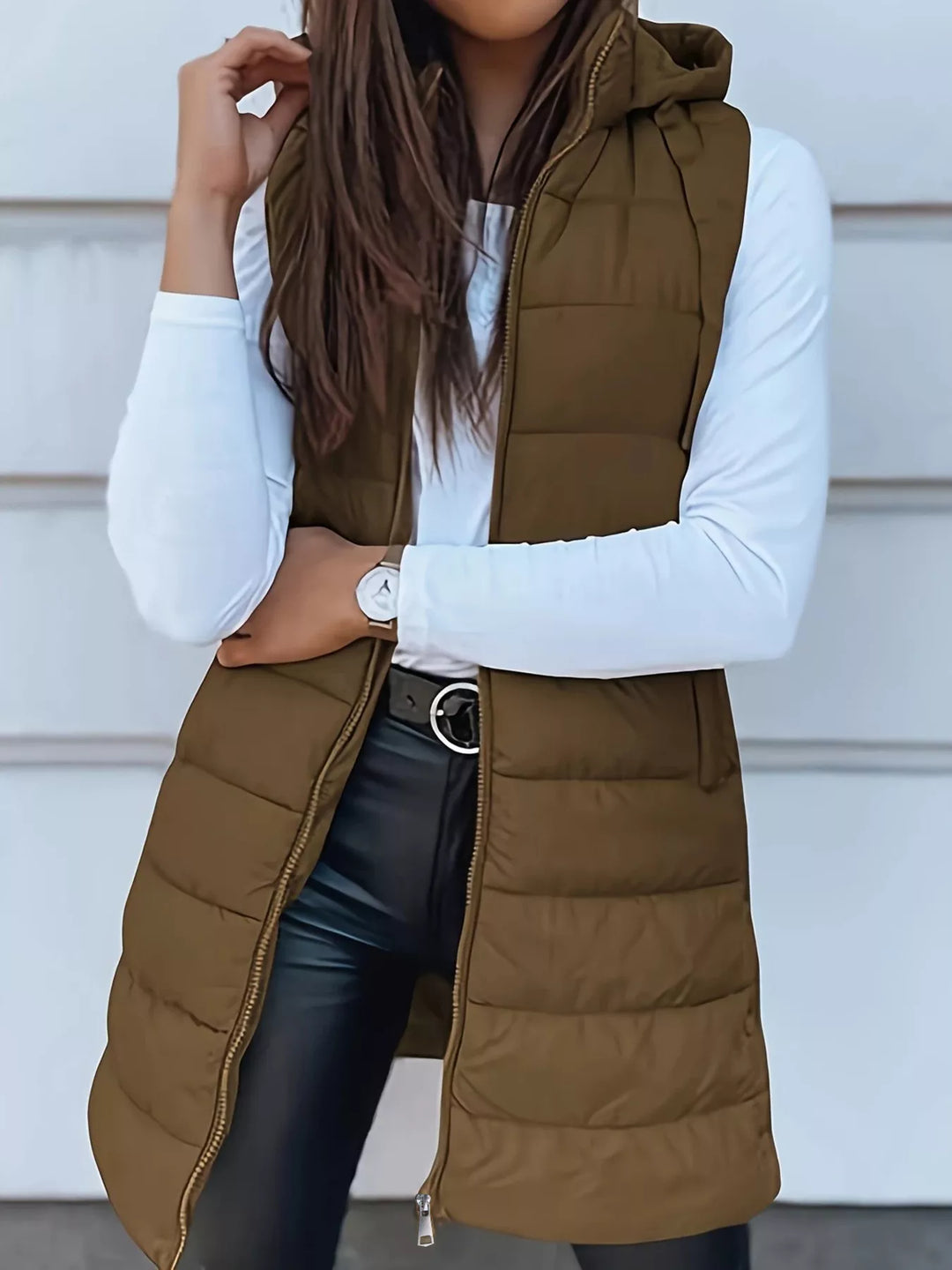 Gilet imbottito lungo con cappuccio da donna, con cerniera, taglie dalla S alla XXL