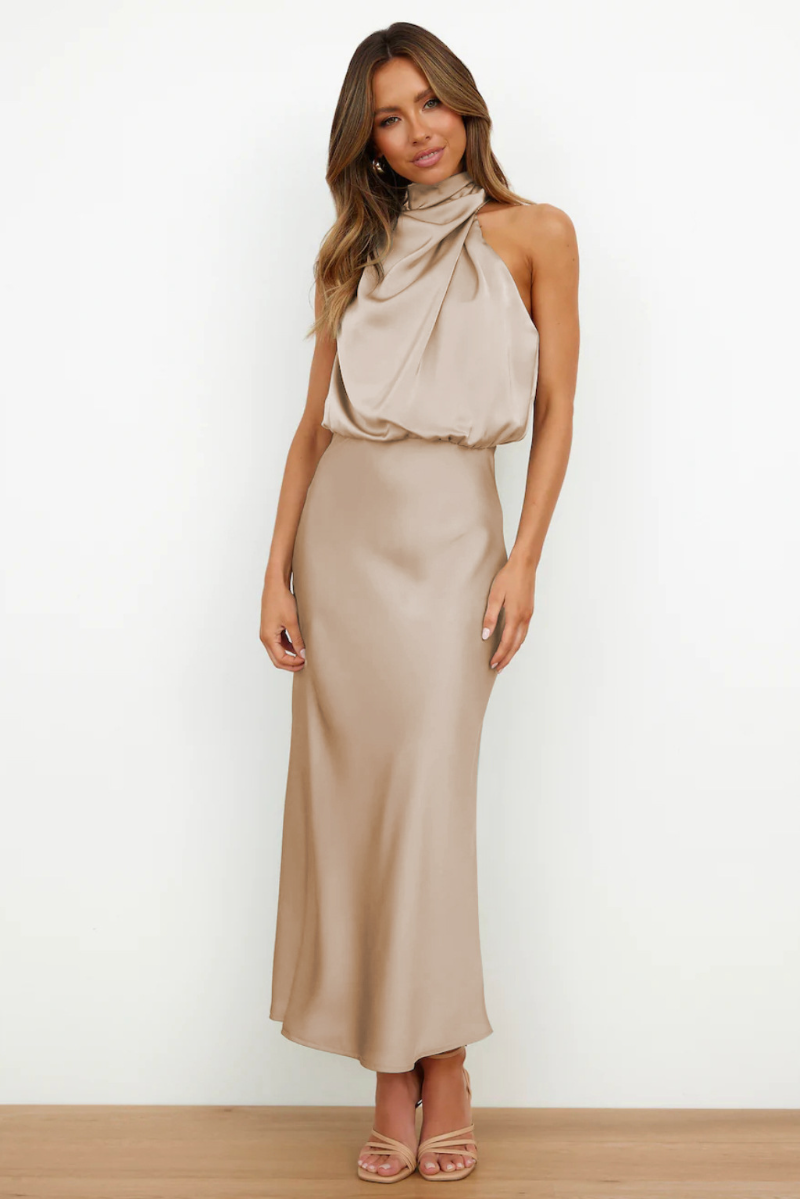 Women's Elegant Asymmetrical Midi Dress with Round Neckline-The Yellow Prime