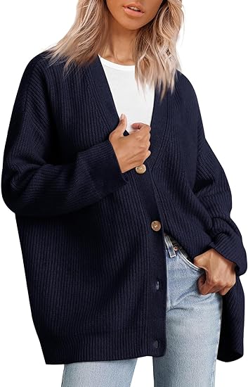 Women's Oversized V-Neck Cardigan with Button Closure