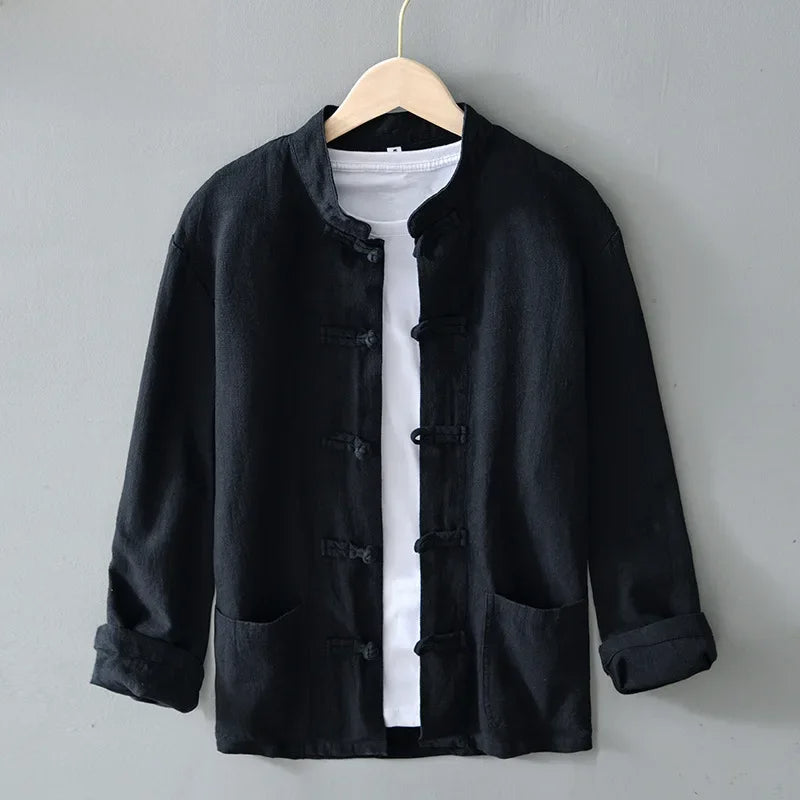 Men's Cotton-Linen Mandarin Collar Shirt-The Yellow Prime
