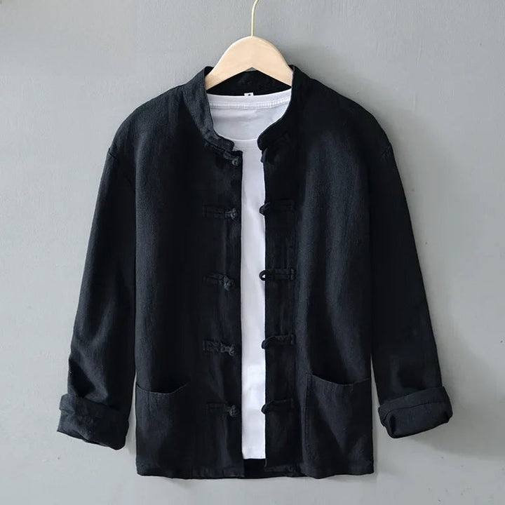 Men's Cotton-Linen Mandarin Collar Shirt-The Yellow Prime