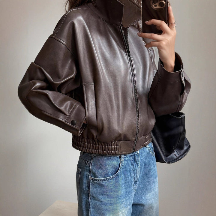 Women's Tailored Faux Leather Zip-Up Bomber Jacket