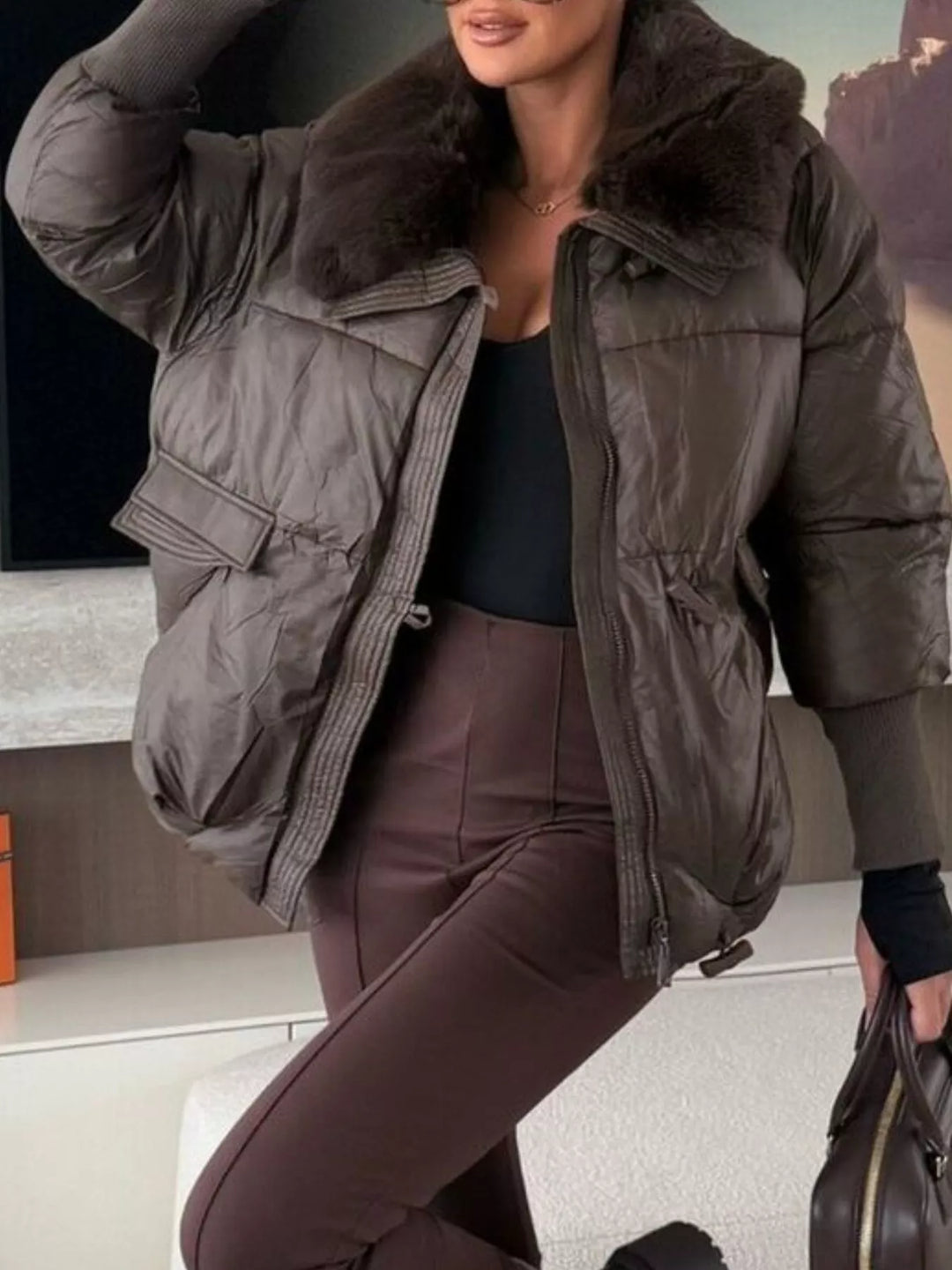 Chaqueta acolchada para mujer con cuello de piel sintética, tallas S a 2XL