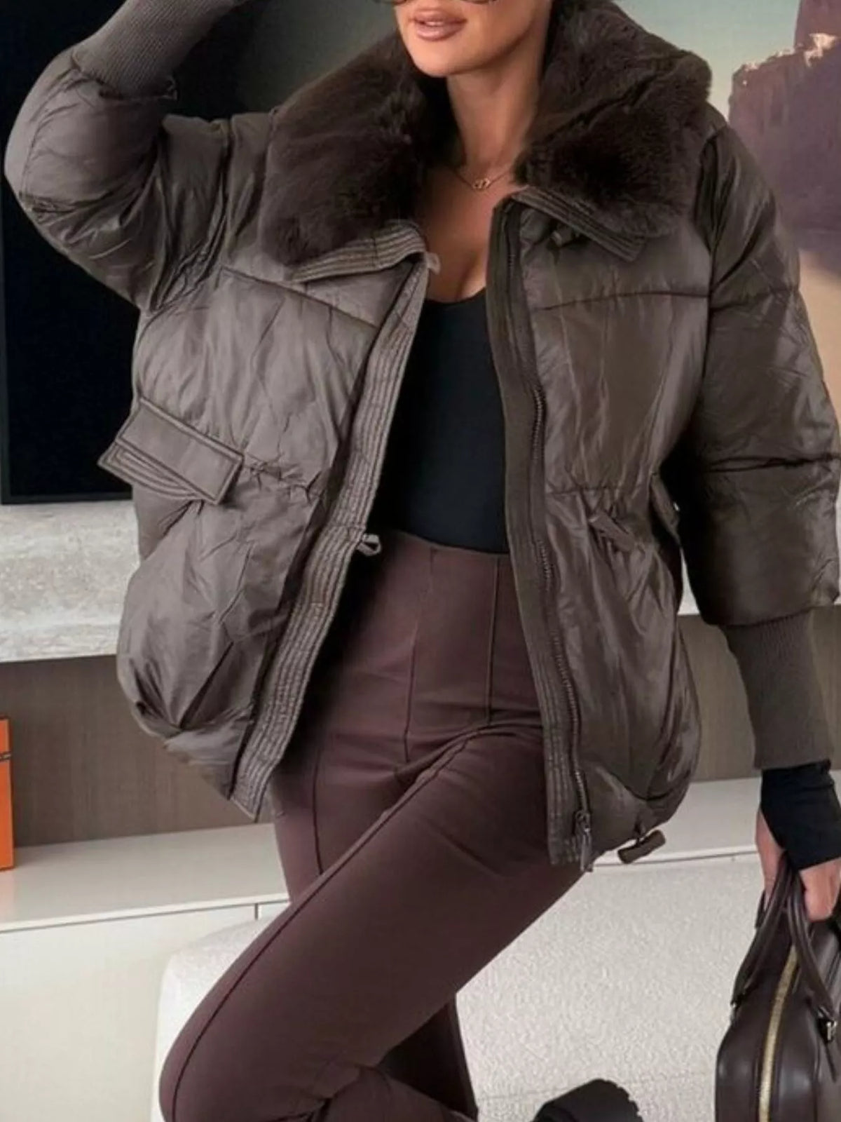 Chaqueta acolchada para mujer con cuello de piel sintética, tallas S a 2xl