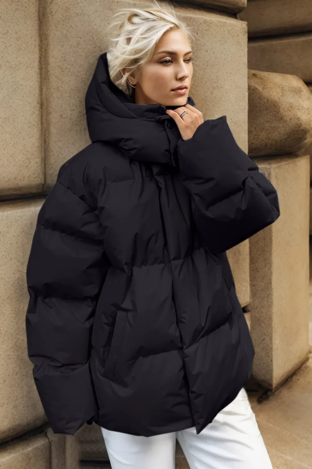 Women's Hooded Puffer Jacket with Pockets, Sizes S to L