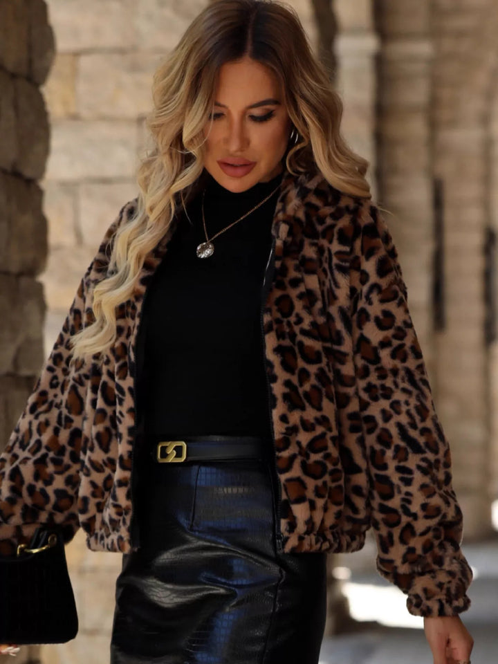 Giacca da donna con cappuccio e cerniera, stampa leopardata, taglie da S a 2XL