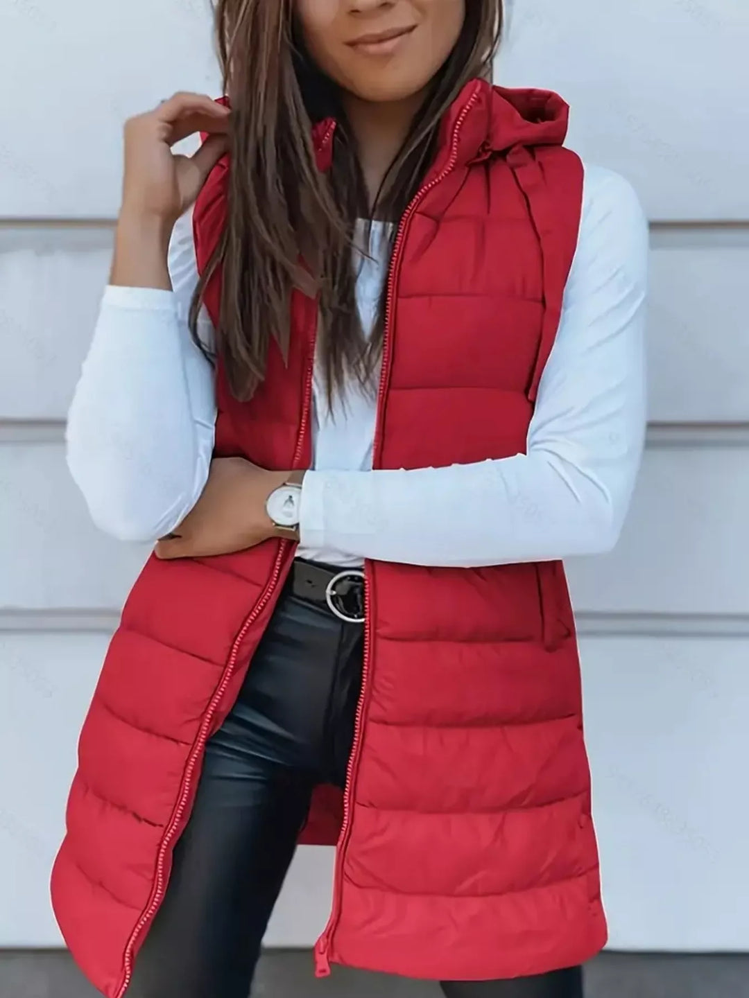 Gilet imbottito lungo con cappuccio da donna, con cerniera, taglie dalla S alla XXL