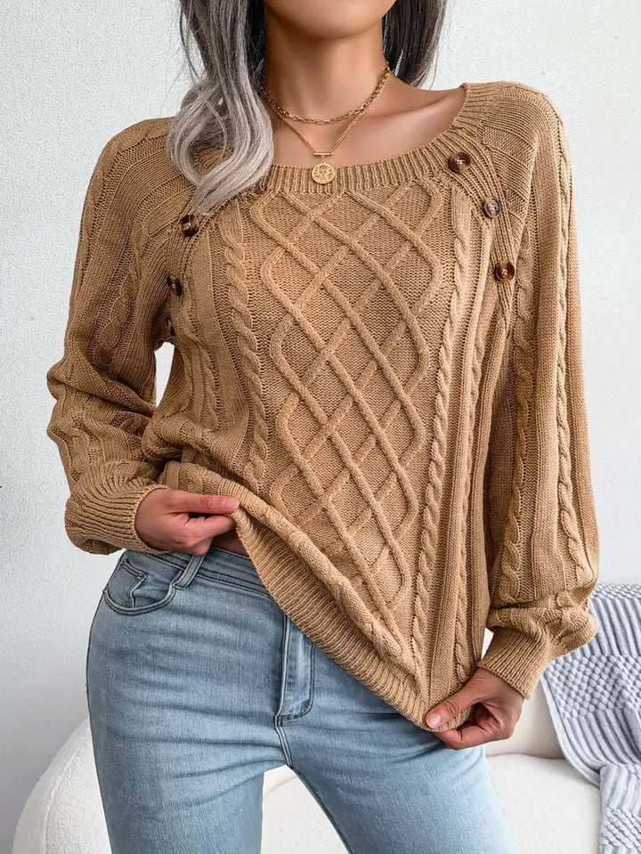 Women's Loose-Fitting Cable-Knit Sweater with Shoulder Buttons