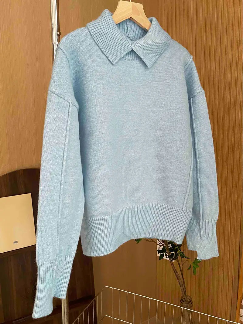 Women's Knitted Sweater with Stand-Up Collar and Relaxed Fit