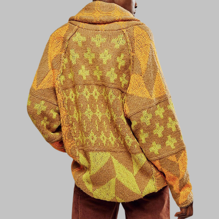 Cardigã para mulher, com estampado geométrico, gola xale e botões