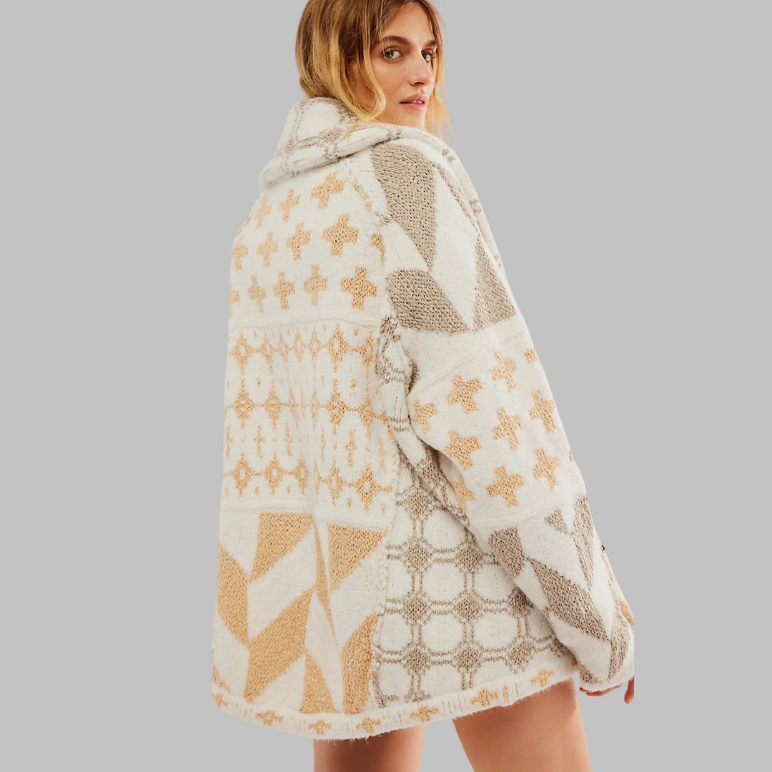 Cardigã para mulher, com estampado geométrico, gola xale e botões