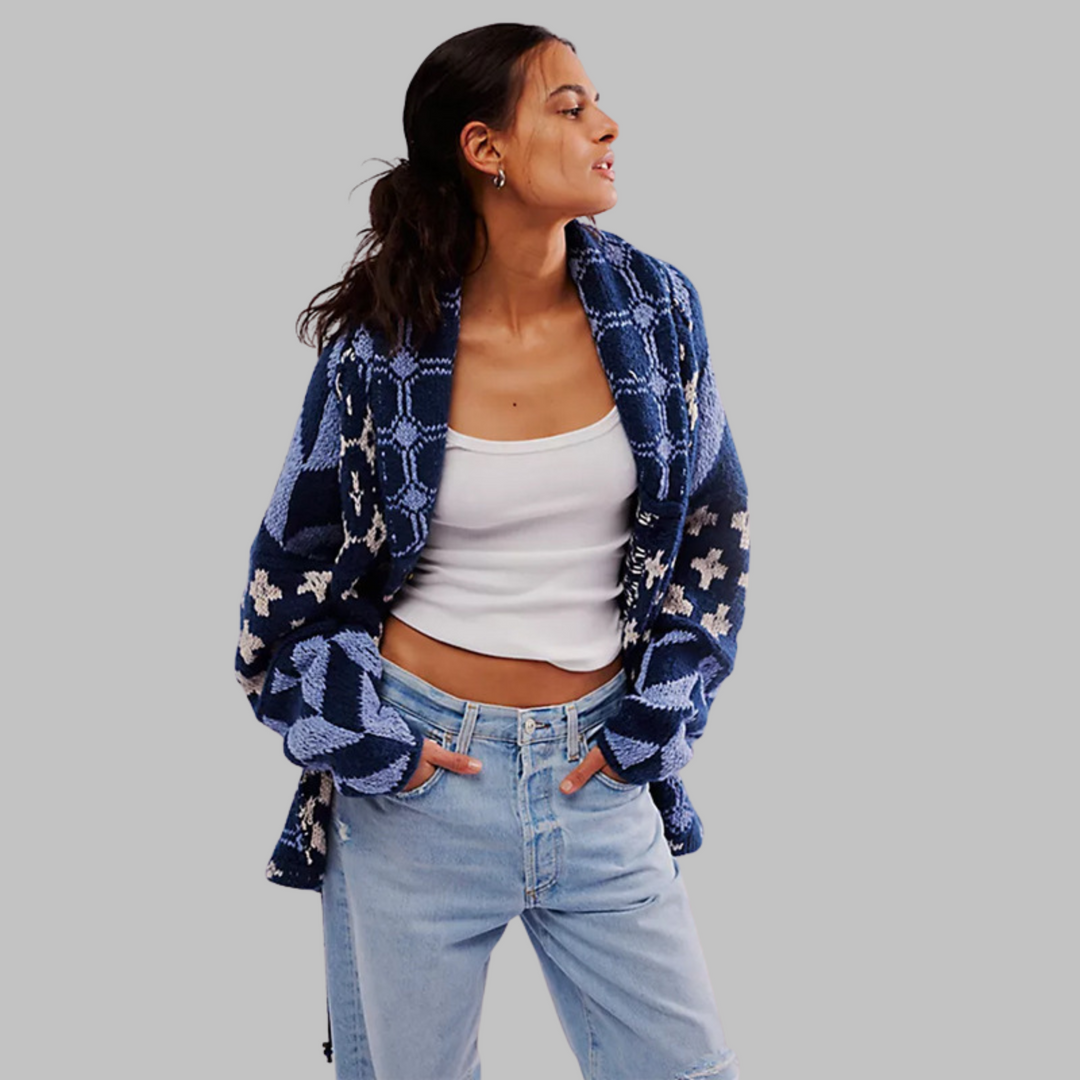 Cardigã para mulher, com estampado geométrico, gola xale e botões