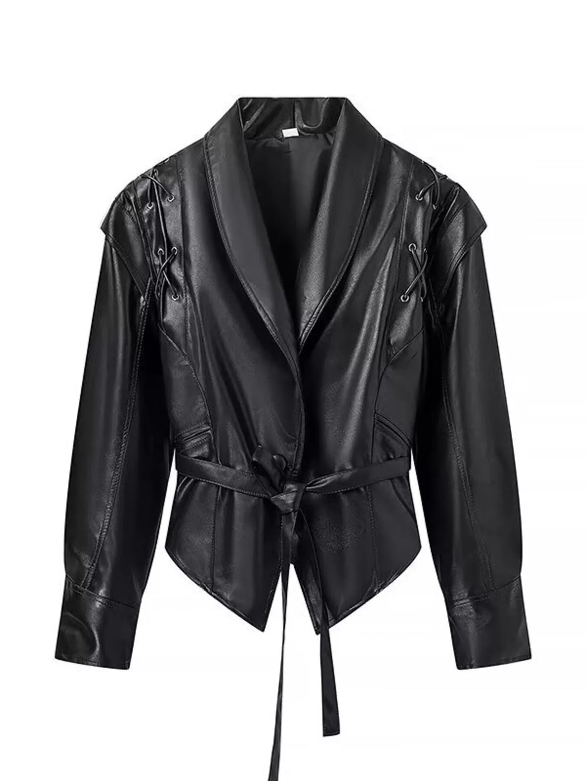 Cappotto in ecopelle da donna con cintura e colletto a scialle, lunghezza a metà coscia