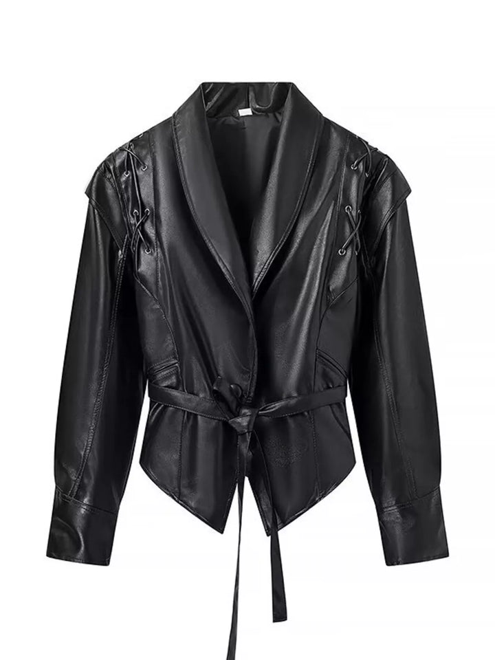 Women's Faux Leather Belted Coat with Shawl Collar, Mid-Thigh Length