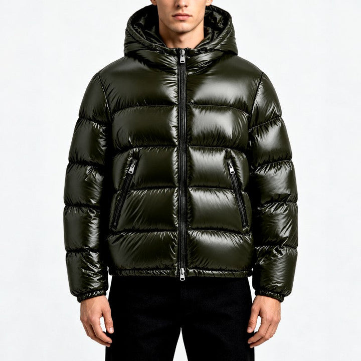 Pánská lesklá zimní prošívaná bunda s kapucí a celopropínacím zipem