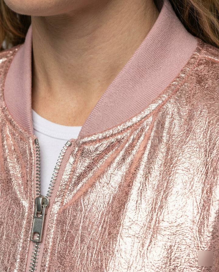 Chaqueta bomber brillante para mujer con cierre de cremallera
