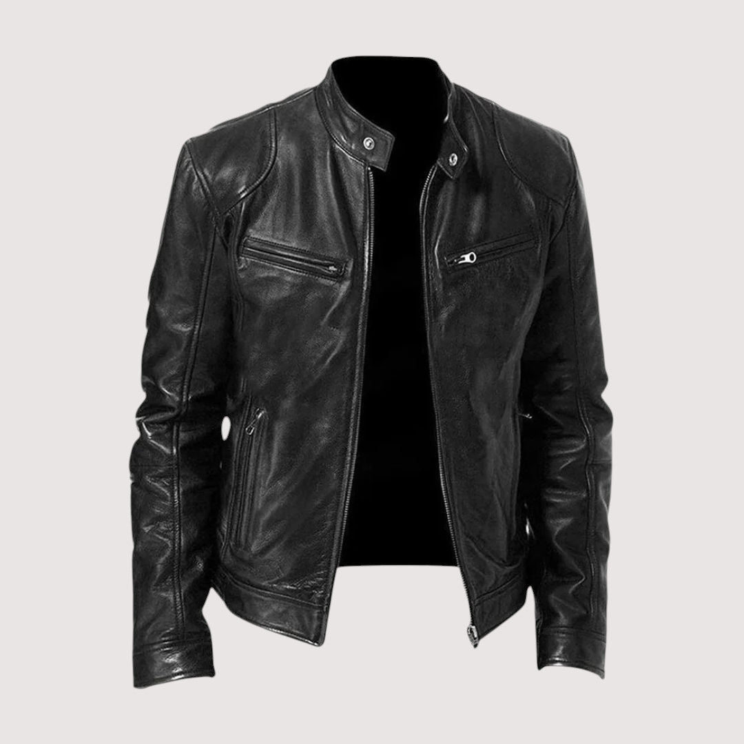 Herren-Leder-Bikerjacke mit Druckknopfkragen – Warm für Herbst und Winter