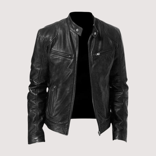 Veste de motard en cuir pour homme à col à boutons-pression – Chaude pour l’automne et l’hiver