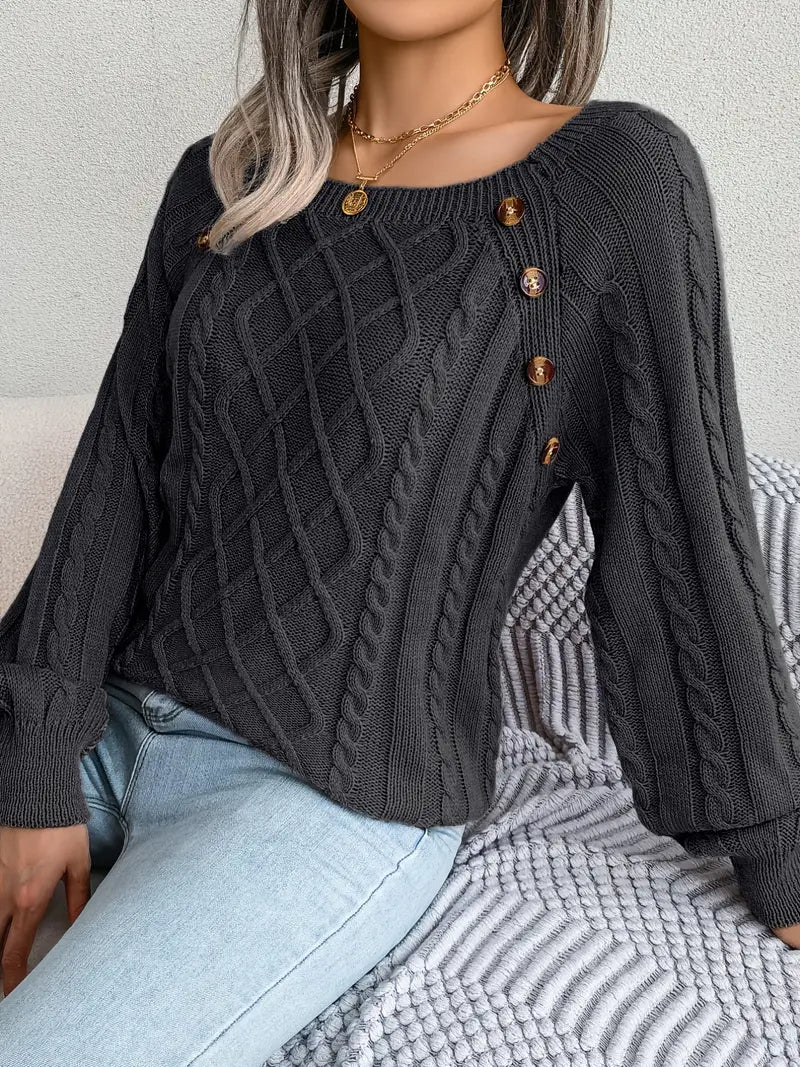 Women's Loose-Fitting Cable-Knit Sweater with Shoulder Buttons