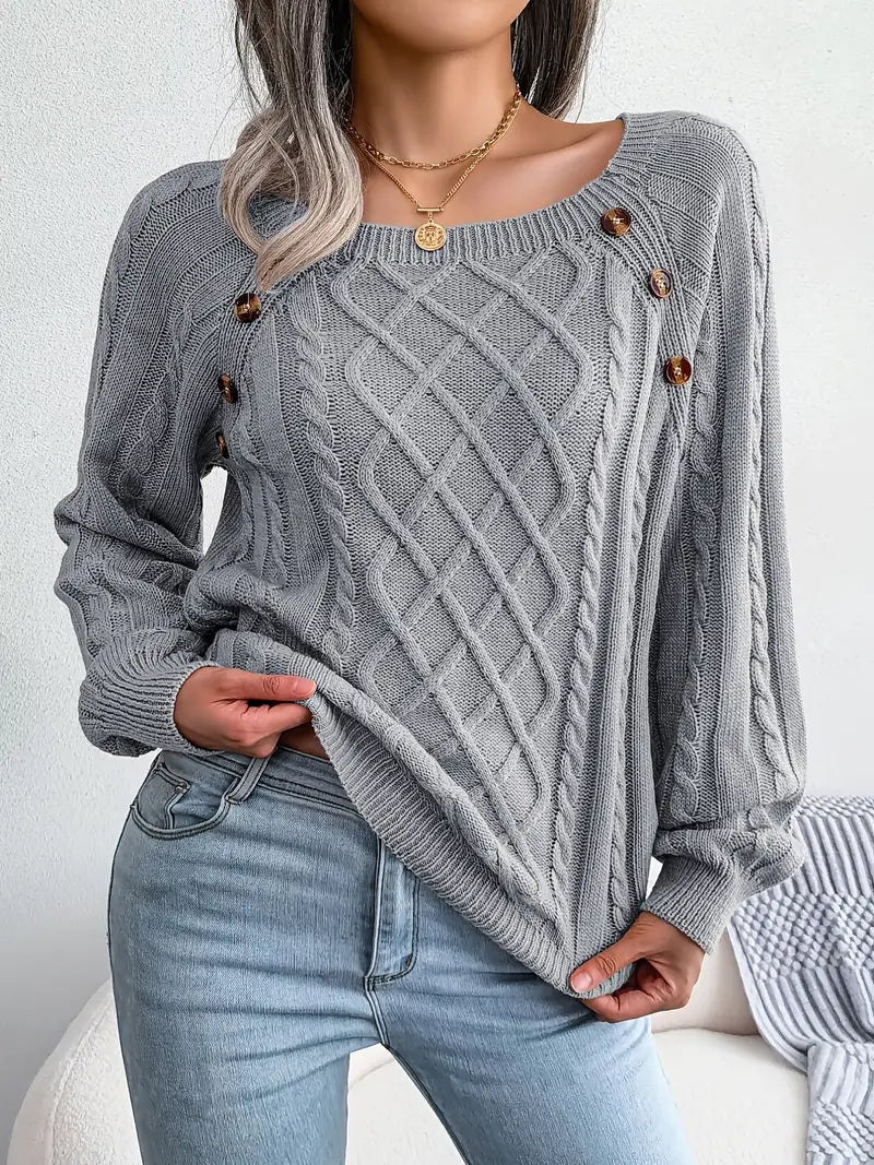 Women's Loose-Fitting Cable-Knit Sweater with Shoulder Buttons