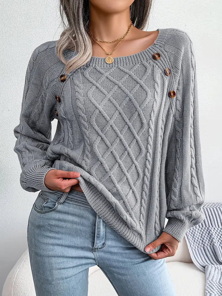 Women's Loose-Fitting Cable-Knit Sweater with Shoulder Buttons