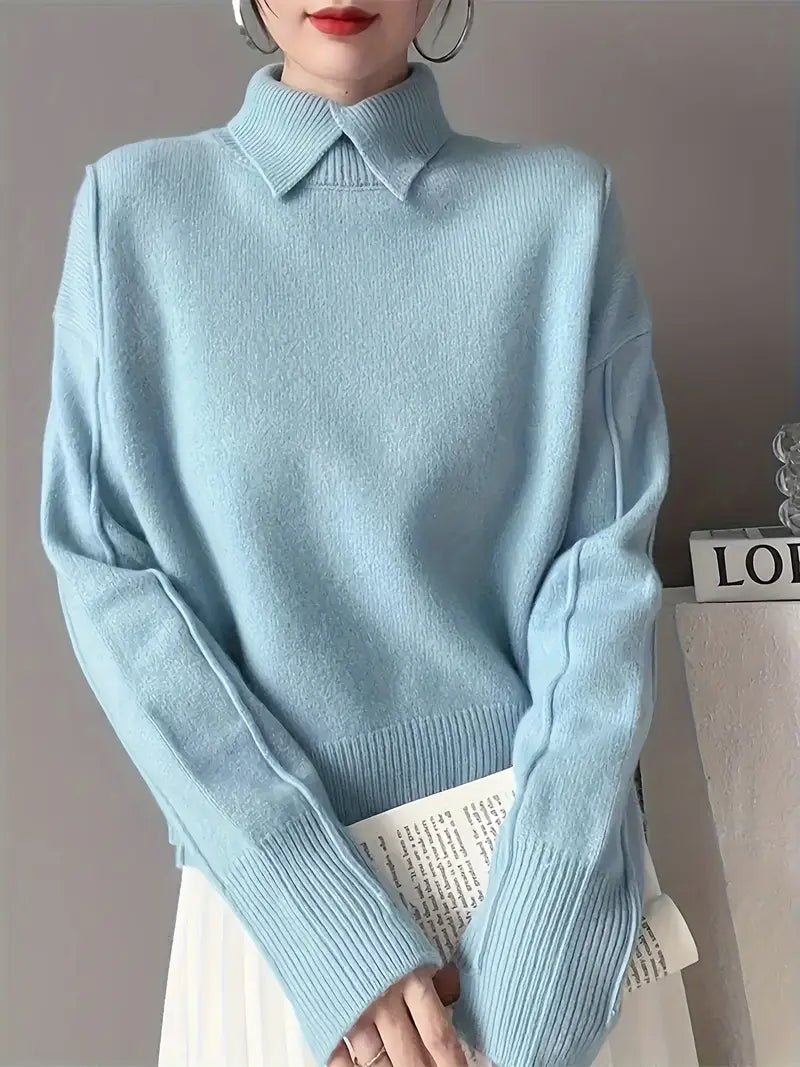 Women's Knitted Sweater with Stand-Up Collar and Relaxed Fit