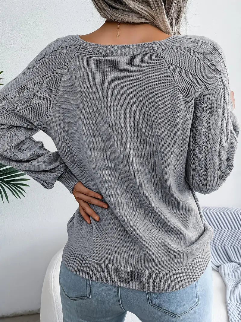 Women's Loose-Fitting Cable-Knit Sweater with Shoulder Buttons