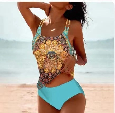 Women's Retro High-Cut Bikini with Beach Print-The Yellow Prime
