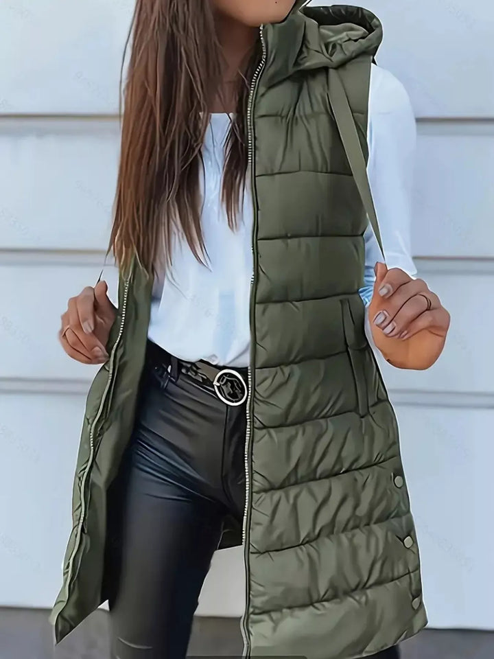 Gilet imbottito lungo con cappuccio da donna, con cerniera, taglie dalla S alla XXL