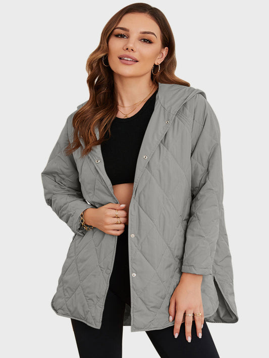 Women's Hooded Long Winter Coat with Snap Front and Side Slit