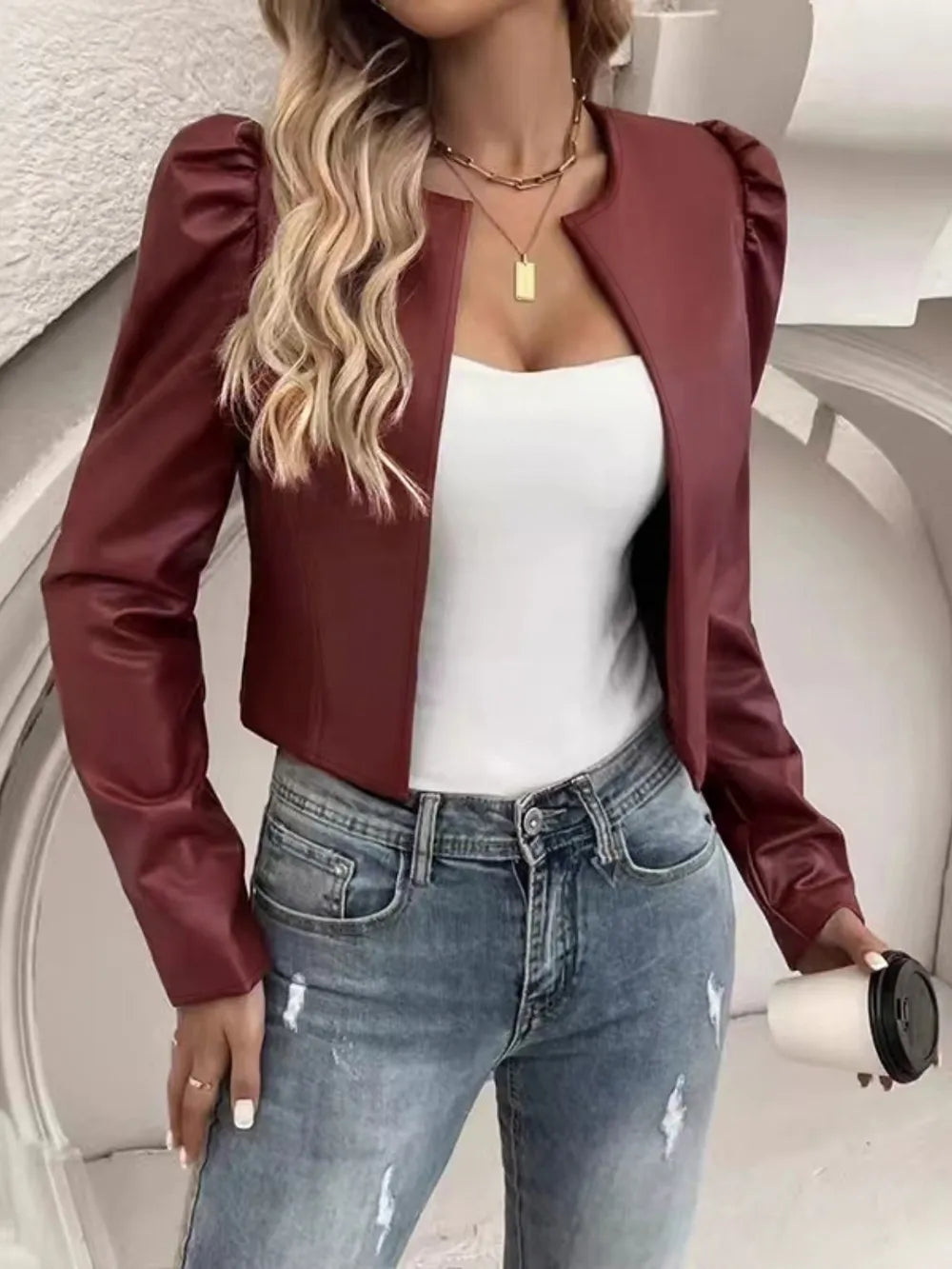 Chaqueta de piel sintética para mujer con parte delantera abierta y mangas abullonadas, tallas S-XL