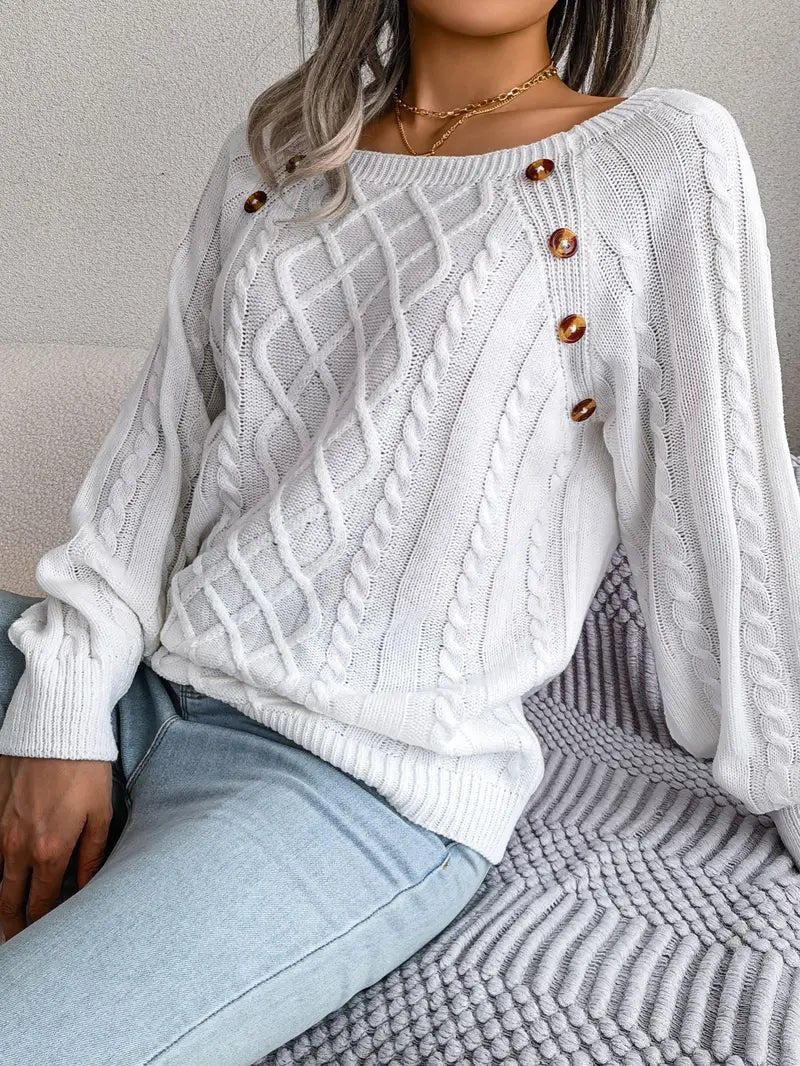 Women's Loose-Fitting Cable-Knit Sweater with Shoulder Buttons