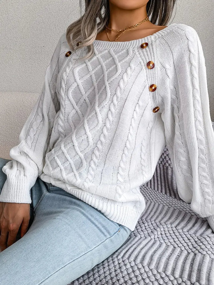 Women's Loose-Fitting Cable-Knit Sweater with Shoulder Buttons