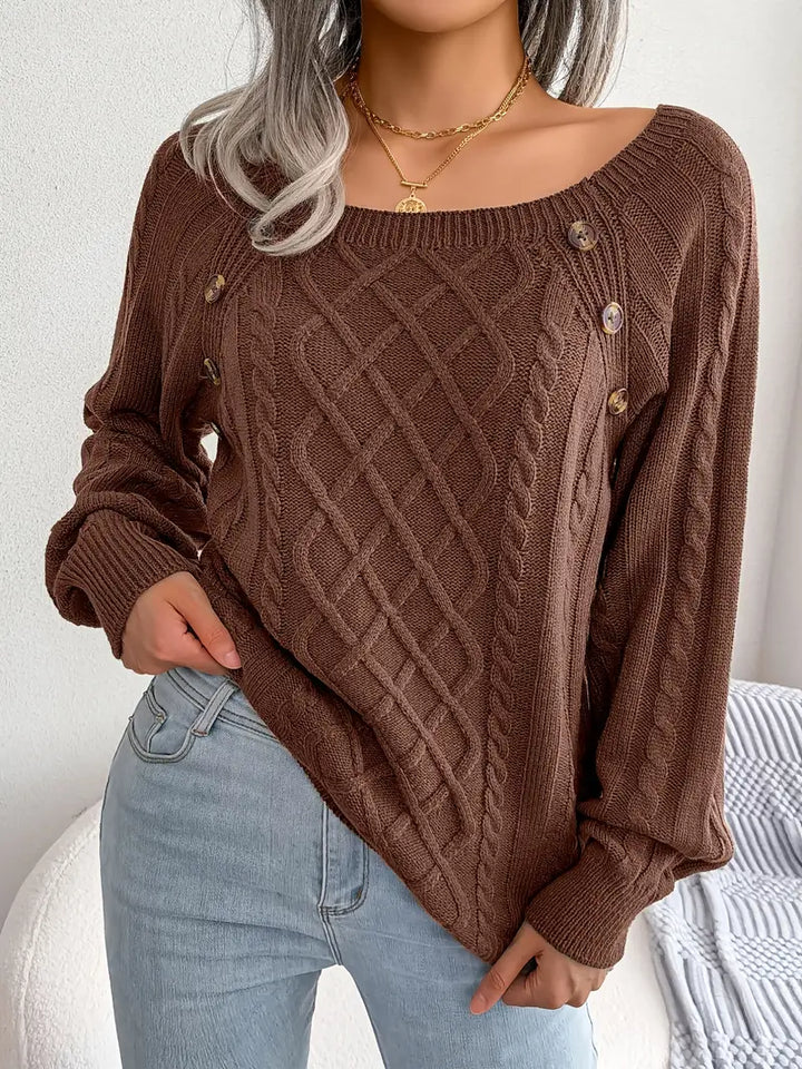 Women's Loose-Fitting Cable-Knit Sweater with Shoulder Buttons