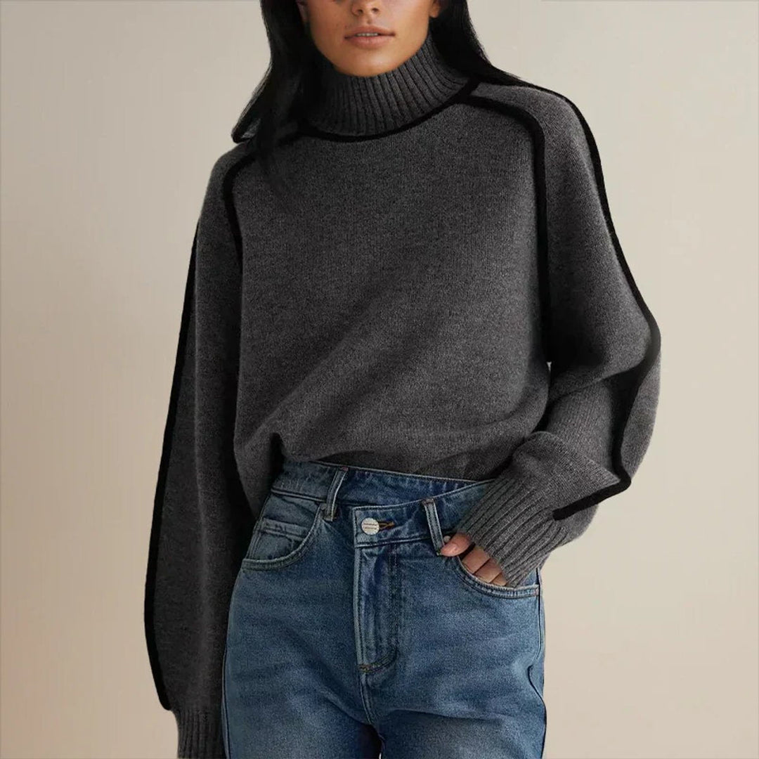 Women's Oversized Knitted Turtleneck Pullover in Two-Tone Design