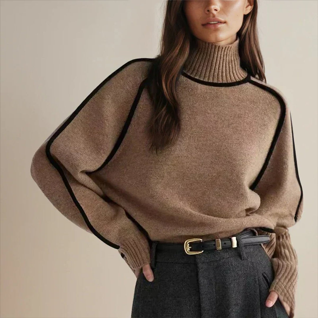 Women's Oversized Knitted Turtleneck Pullover in Two-Tone Design