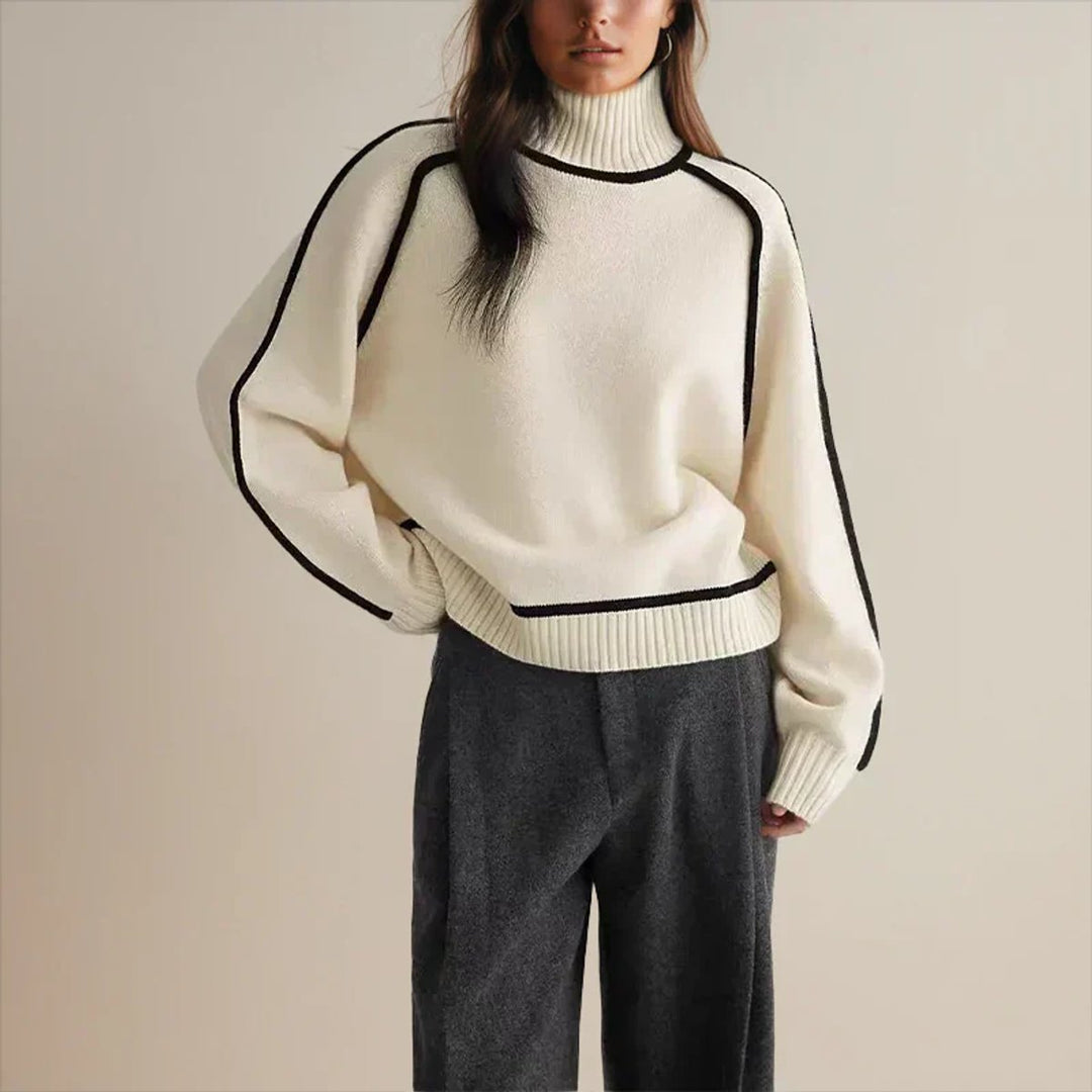 Women's Oversized Knitted Turtleneck Pullover in Two-Tone Design