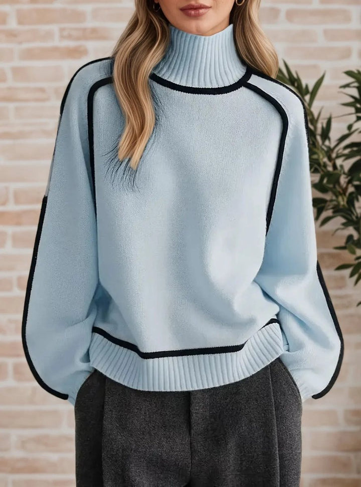 Women's Oversized Knitted Turtleneck Pullover in Two-Tone Design