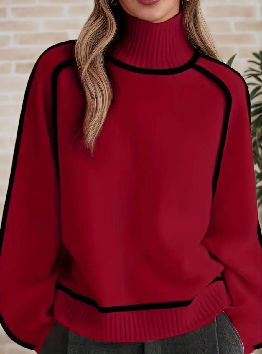 Women's Oversized Knitted Turtleneck Pullover in Two-Tone Design