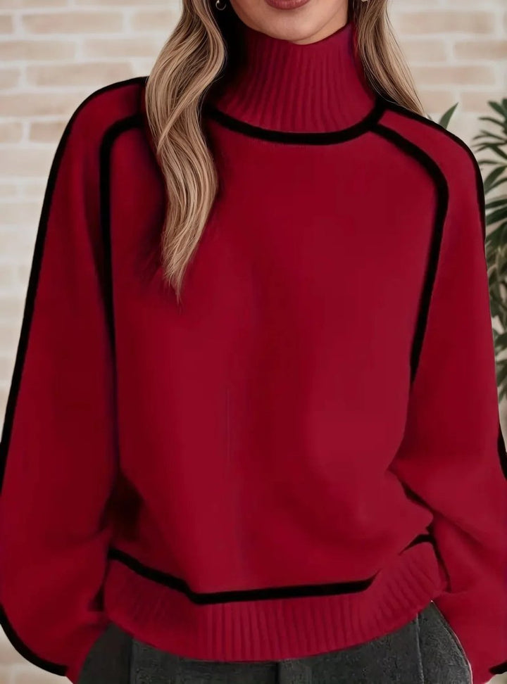 Women's Oversized Knitted Turtleneck Pullover in Two-Tone Design