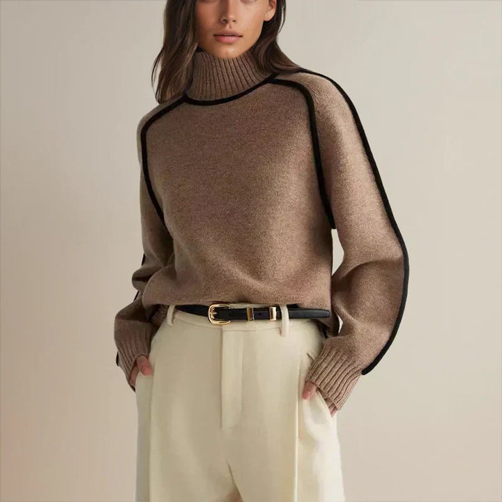 Women's Oversized Knitted Turtleneck Pullover in Two-Tone Design