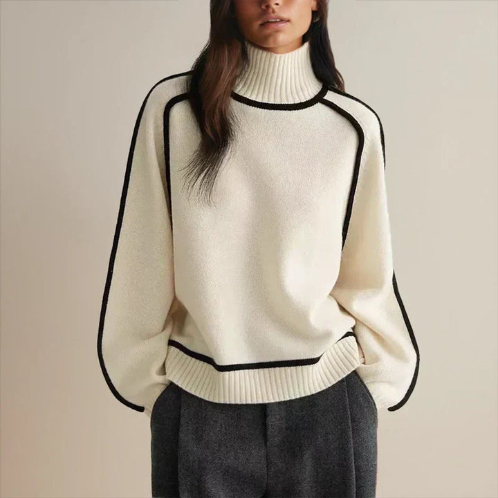 Women's Oversized Knitted Turtleneck Pullover in Two-Tone Design