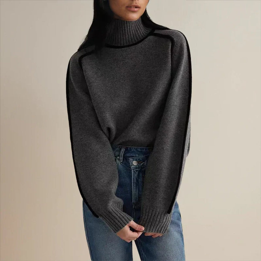 Women's Oversized Knitted Turtleneck Pullover in Two-Tone Design