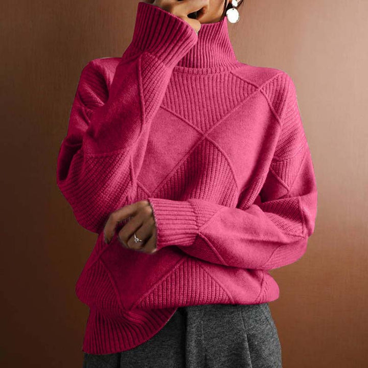 Women's Turtleneck Pullover with Check Pattern and Relaxed Fit