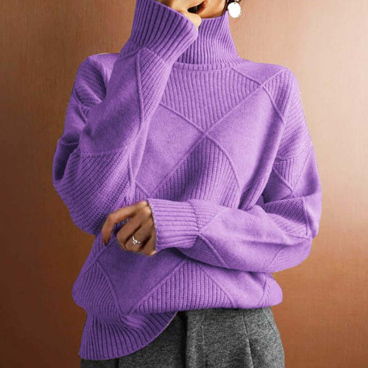 Women's Turtleneck Pullover with Check Pattern and Relaxed Fit