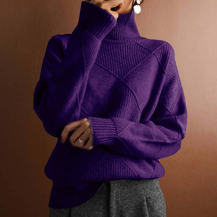 Women's Turtleneck Pullover with Check Pattern and Relaxed Fit