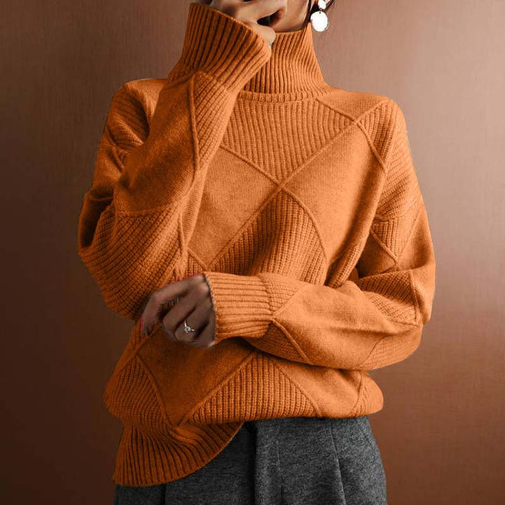 Women's Turtleneck Pullover with Check Pattern and Relaxed Fit
